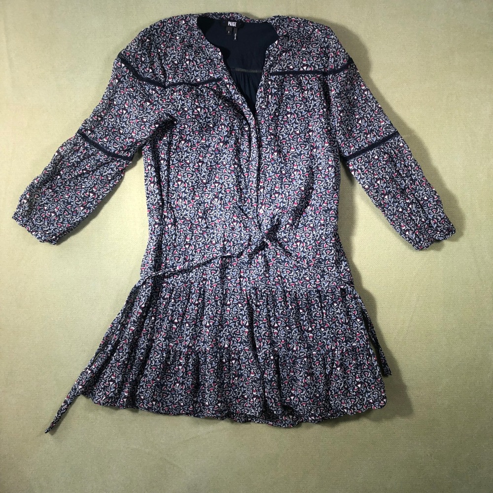Paige Mini Dress Women Small Navy Blue Floral Paisley Silk Boho Long Sleeve
